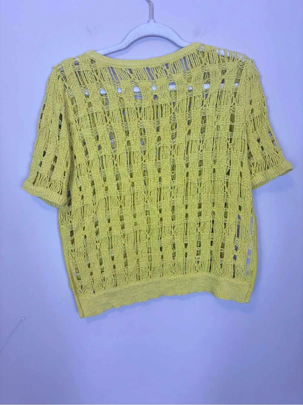 Moth Yellow Open-Weave Short Sleeve Knit Top Slit Side Medium